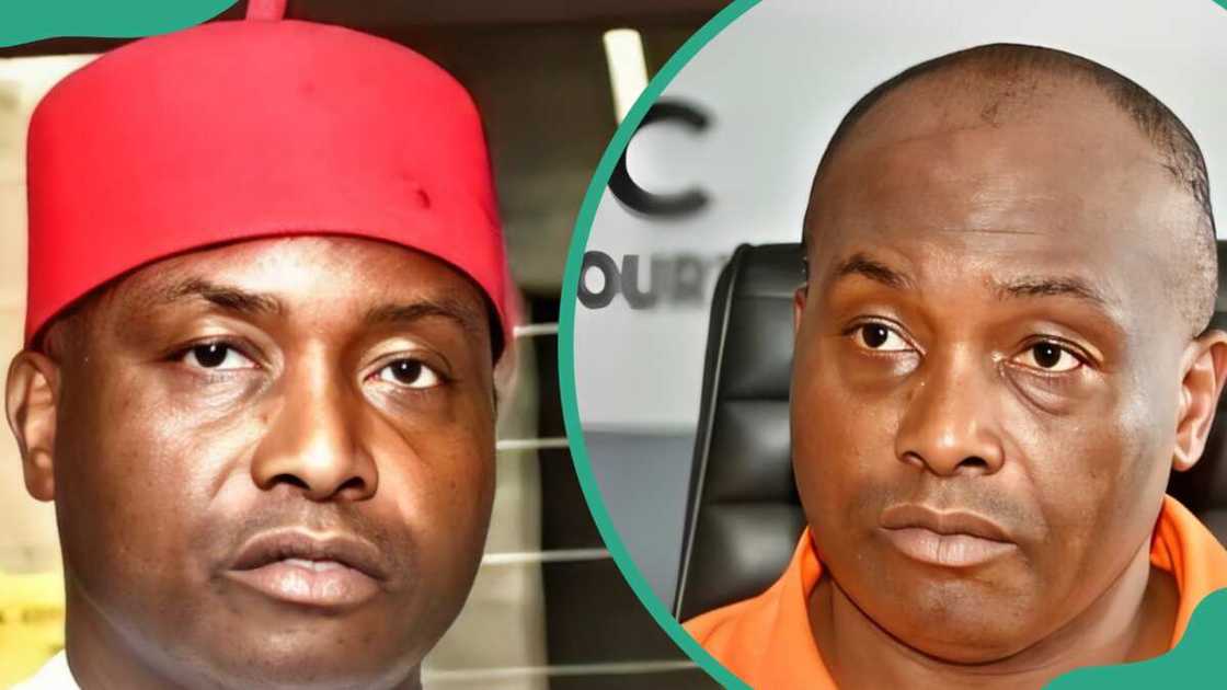 Ifeanyi Ubah at At Ọba, Idemmli South of Anambra State (L). The politician at NNPC port office on 21 April (R