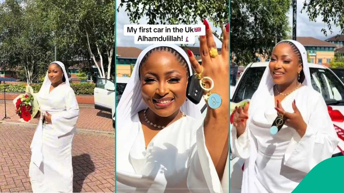 Nigerian Lady Buys First Car in UK, Wears Matching White Gown On Her First Ride