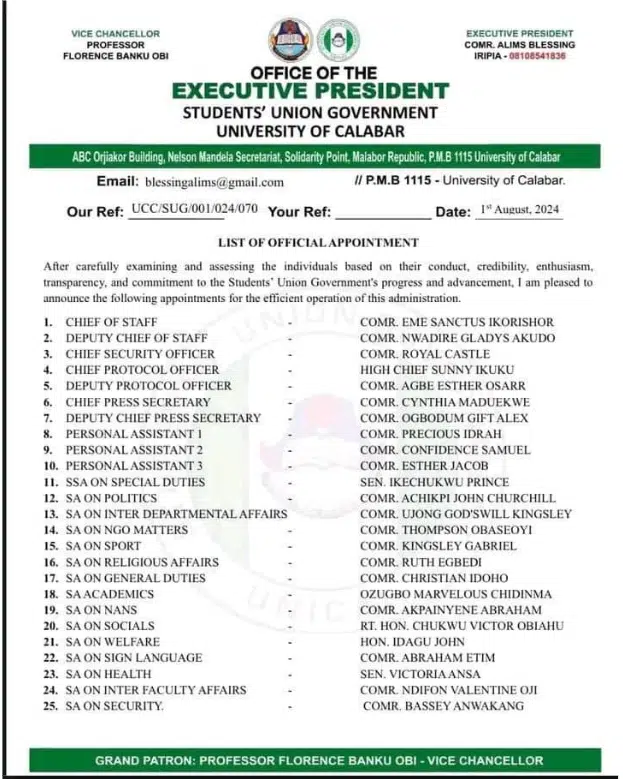 UNICAL first female SUG president appoints 50 aides