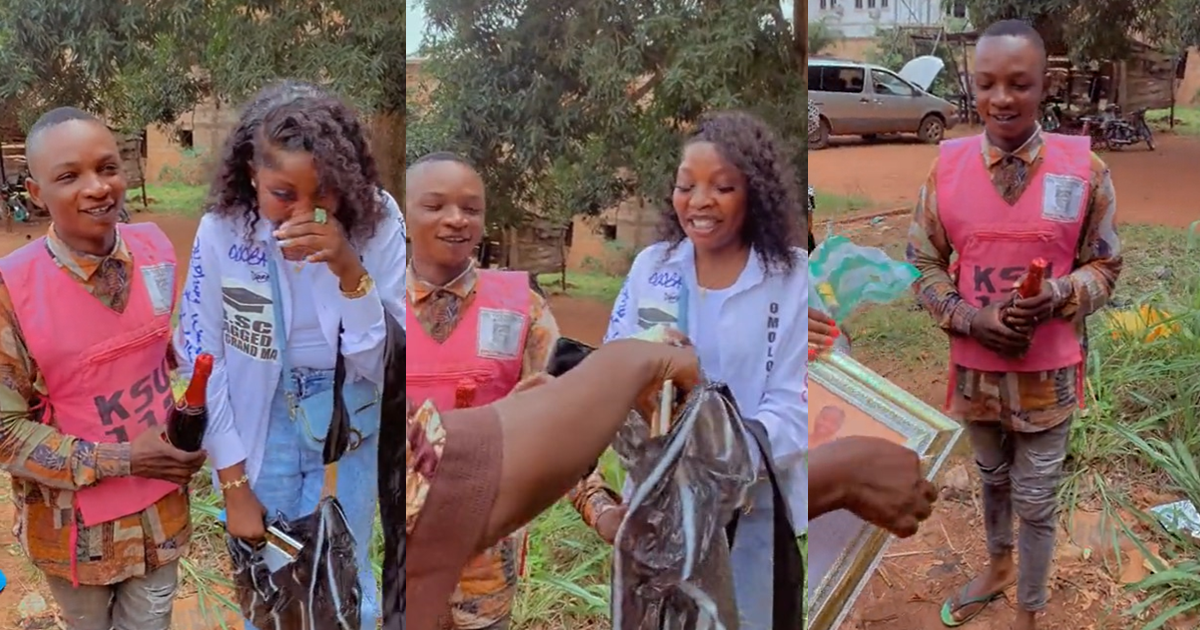 "Can your bike man ever?" – Moment bike man surprises lady with picture frame and wine on her sign-out day (WATCH)