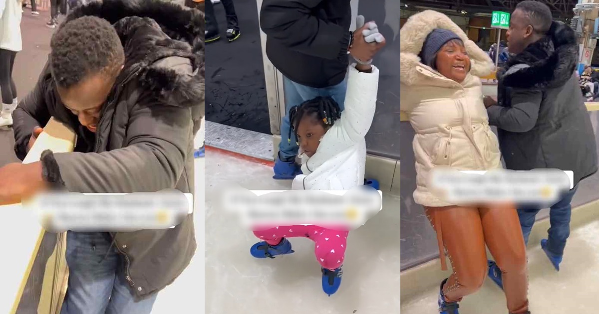 "Can’t even control my laughter" – Hilarious moment Abroad-based Nigerian family struggles in an ice rink in Germany (WATCH)