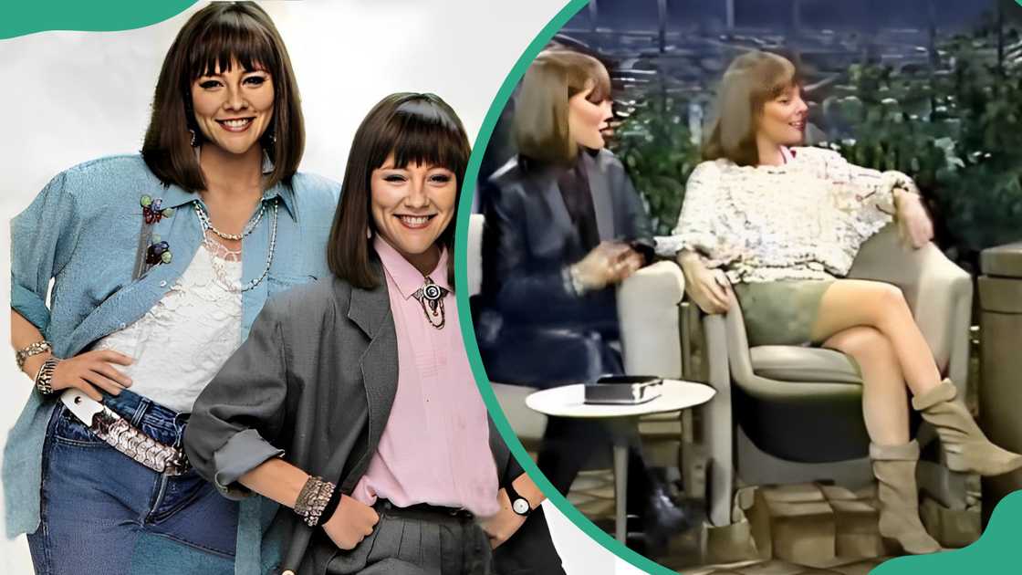 Katey Sagal's sisters are posing for a photo smiling (L) Jean & Liz Sagal on Johnny Carson show, 1984 (R)