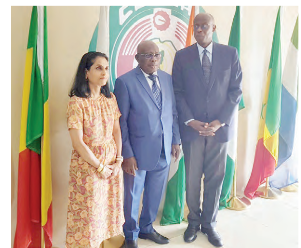 L-R:  Ms. Ruvendrini Menikdiwela,  assistant high commissioner in charge of protection of the United Nations High Commission For Refugees (UNHCR), vice president of ECOWAS Community Court, Justice Gberibè Ouattara and Mr. Raouf Mazou, assistant high commissioner for operations of UNHCR during a courtesy visit to the corporate headquarters of the ECOWAS Court in Abuja on Friday