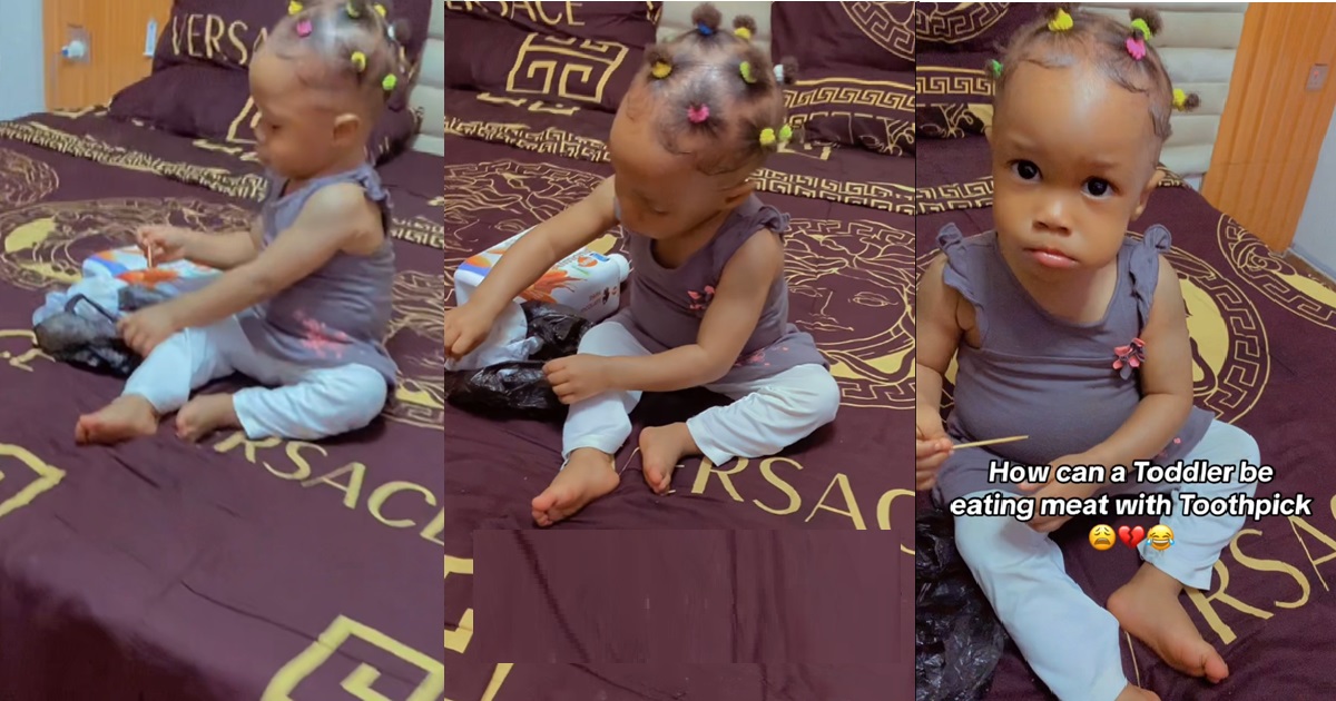 Hilarious video of baby expertly using toothpick to secretly eat dad's meat (WATCH)