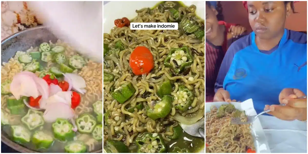 Lady causes serious buzz online as she prepares noodles with Okra