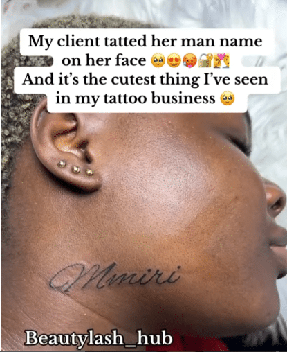 Lady stirs jealousy as she tattoos boyfriend's name on neck