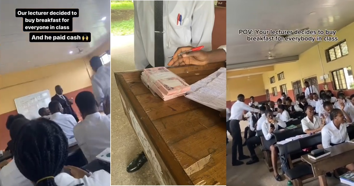 "Person wey no come don miss" – Heartwarming moment a lecturer gives all his students in class money for breakfast