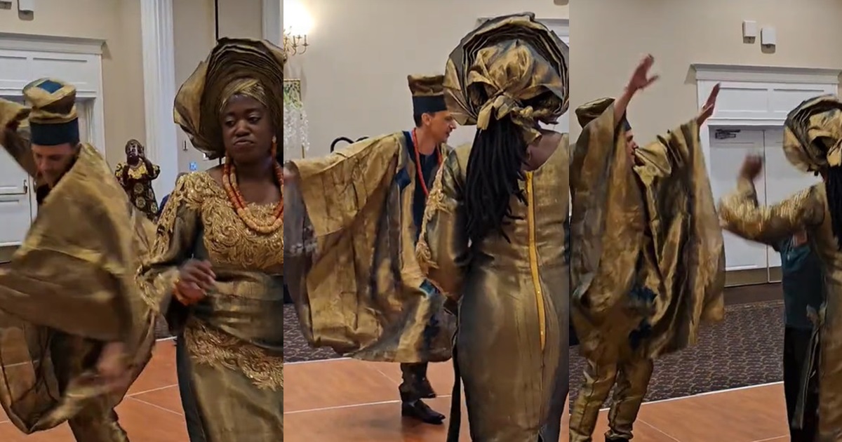 "They match each other's energy" - Hilarious moment a Russian groom and his Nigerian bride shows off their electrifying dance performance on their wedding (Watch)