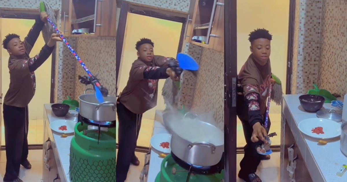 "Chai see person future husband!" – Nigerian man goes extra mile as he fries fish with mopping stick (WATCH)