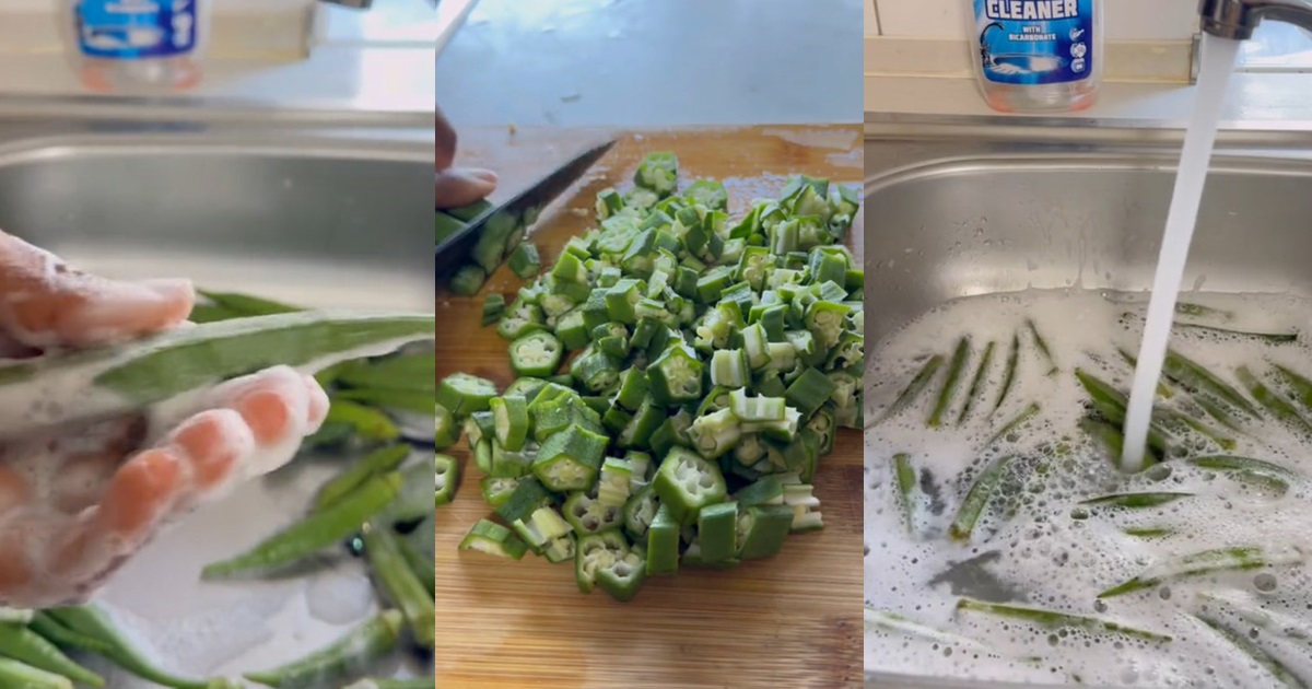 "If you finish, peg am for Rope" – Nigerian lady in diaspora goes the extra mile as she washes Okra with sponge and soap before cooking (VIDEO)