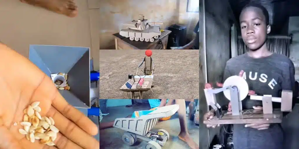 Young boy builds ammo tank, grinding machine, dump truck, and toys from carton and batteries