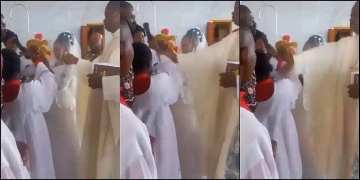 Moment priest gives altar boy 'heavy' knock for not keeping microphone steady during wedding