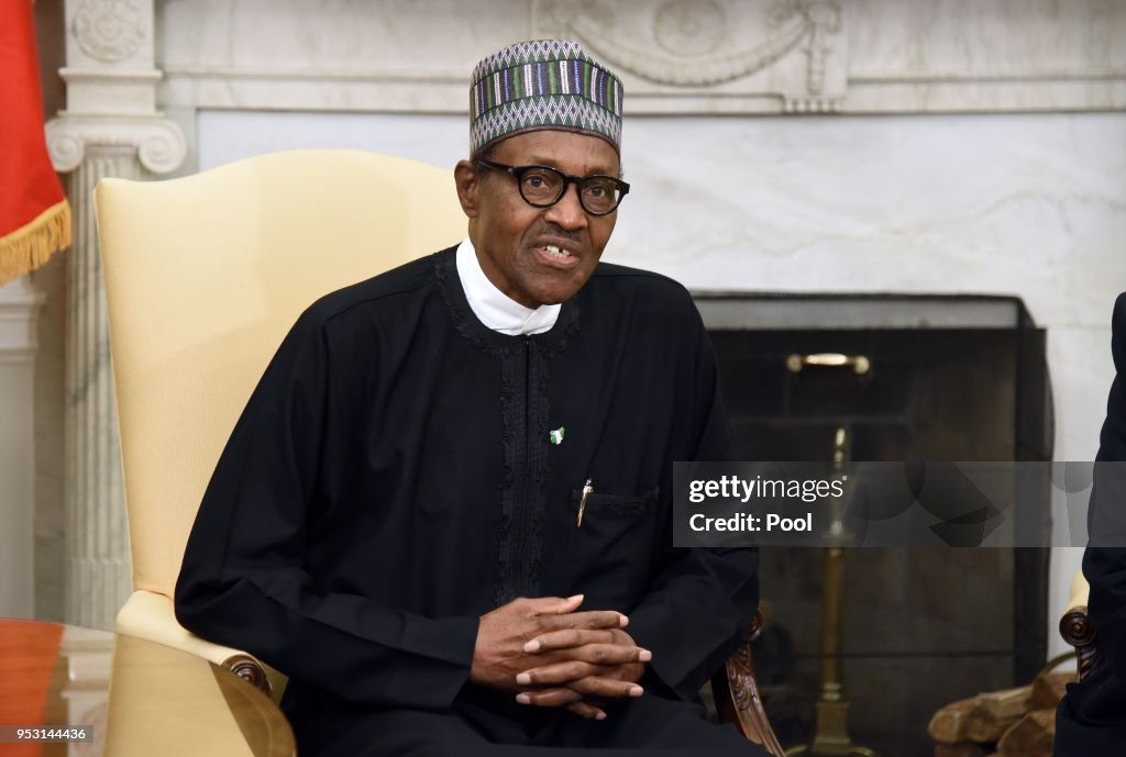 WASHINGTON, DC - APRIL 30:  (AFP OUT) Nigerian President Muhammadu Buhari speaks during a meeting with US President Donald Trump in the Oval Office of the White House on April 30, 2018 in Washington, DC. The two leaders are scheduled to discuss a range of bilateral issues and hold a joint press conference later in the day.  (Photo by Olivier Douliery-Pool/Getty Images)