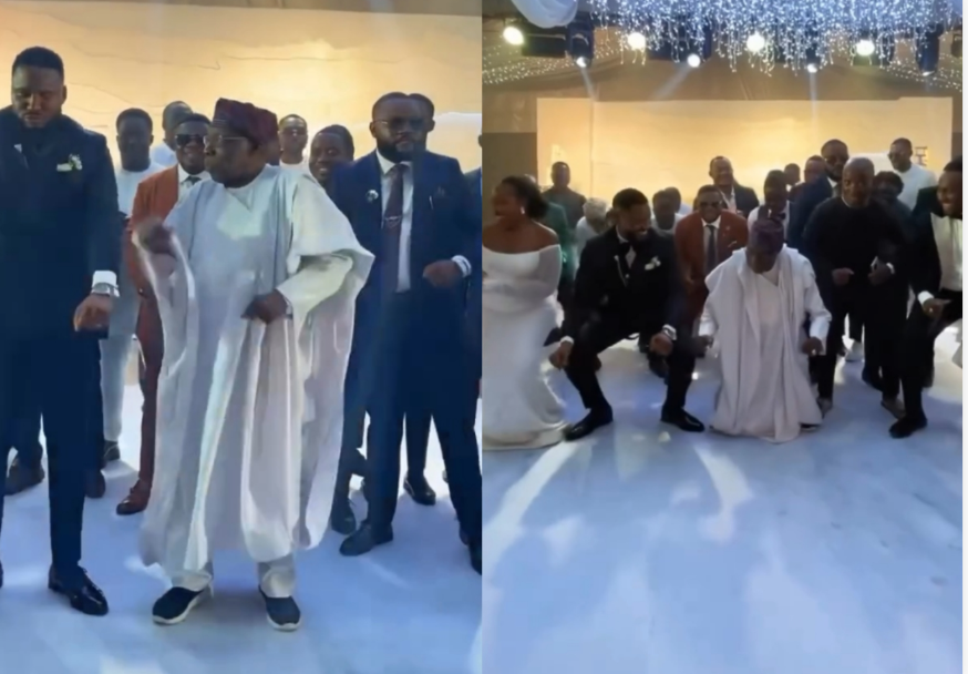 Reactions as Obasanjo wows wedding guests, shows off superb dance steps (Video)