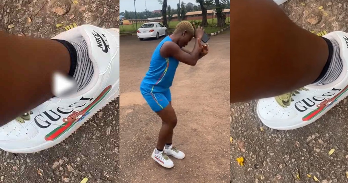 Lady shows off the 'expensive' Gucci-Nike sneakers from her Odogwu talking stage (WATCH)