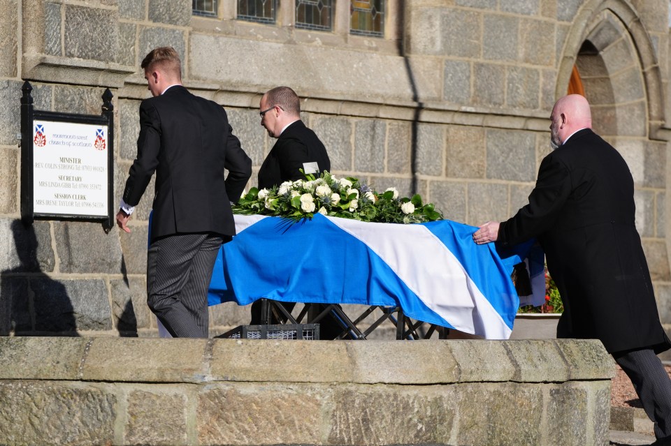 Alex Salmond's coffin is taken to Strichen Parish Church in Aberdeenshire