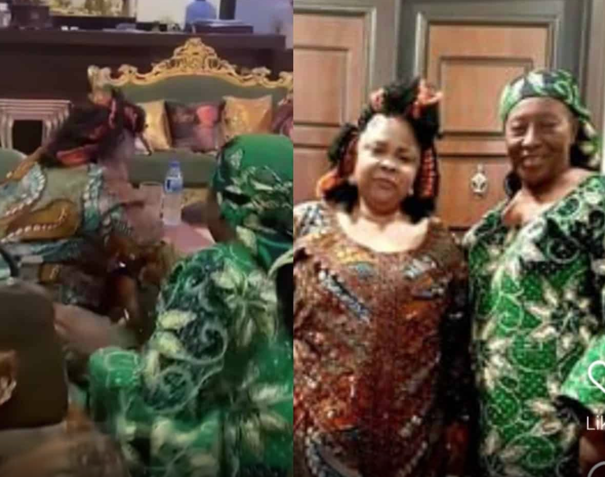 Fans react as Patience Ozokwo kneels to greet Patience Jonathan during recent visit