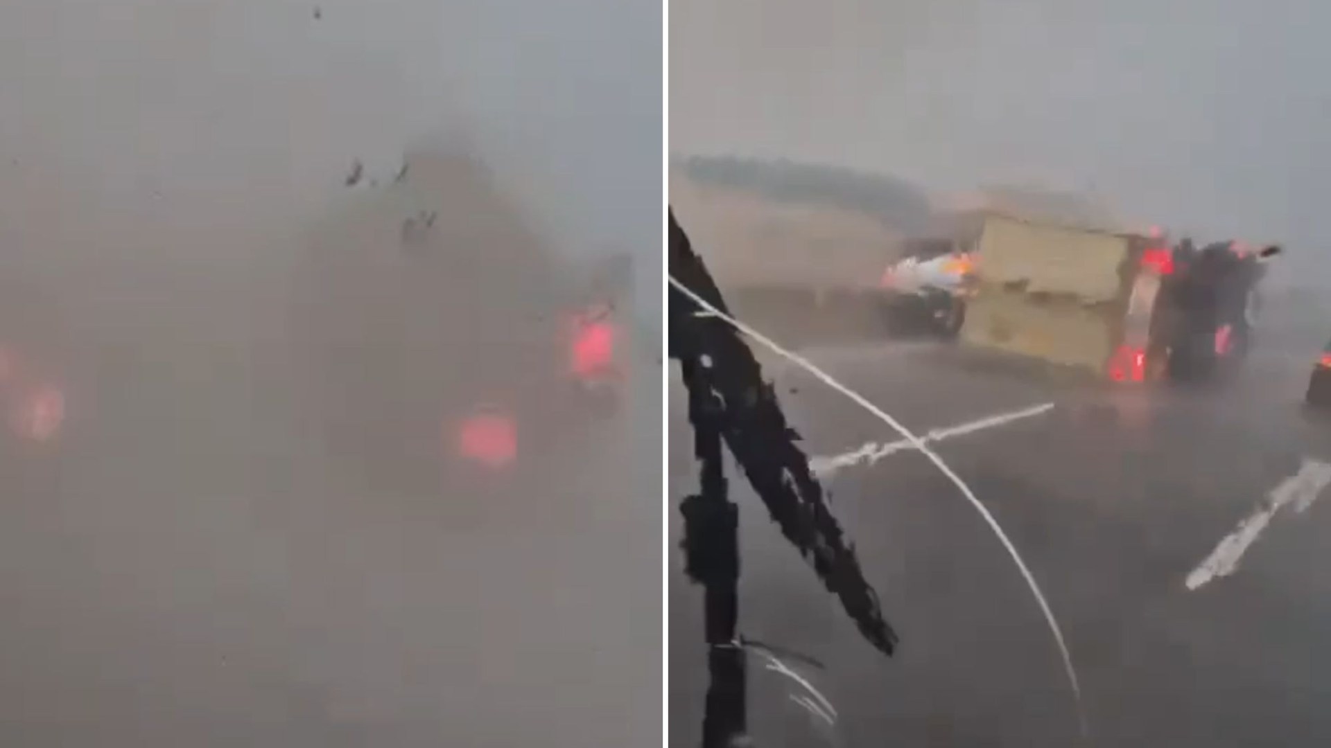 Horror moment TORNADO topples lorries in Spain during deadly floods as trucker filming vid screams ‘I’ve s**t myself’