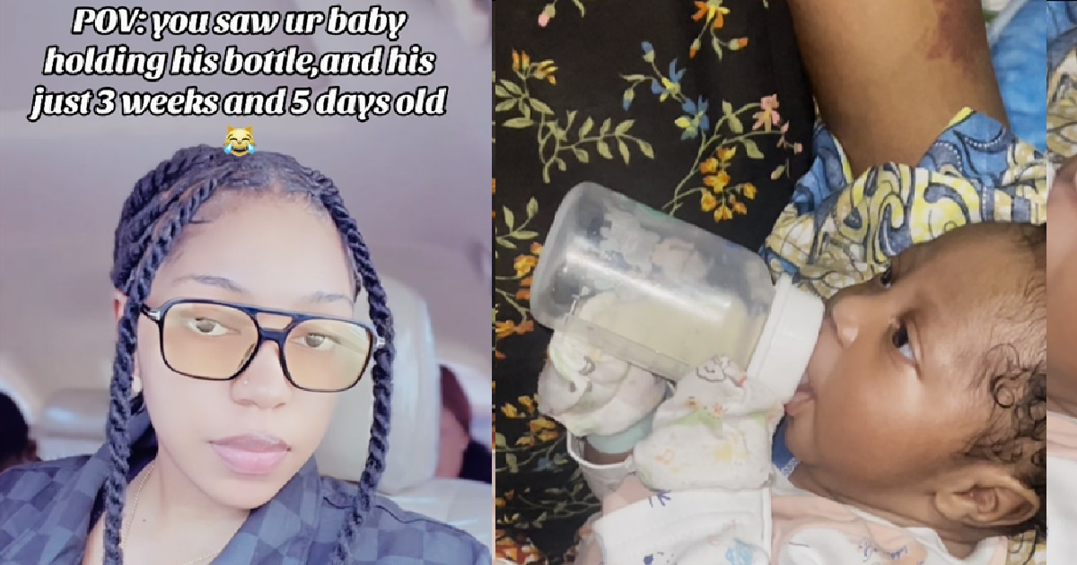 New mother in sh0ck as her 3 weeks old baby holds his feeding bottle (VIDEO)