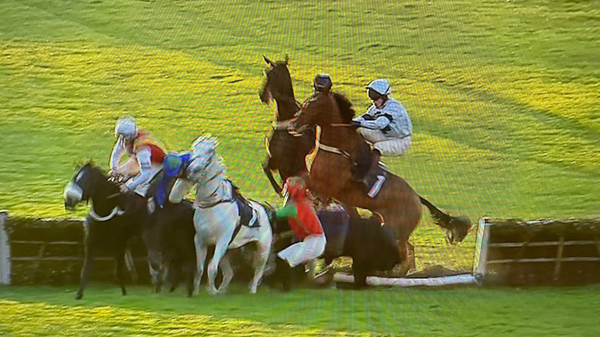 Watch the moment 'complete carnage' breaks out at Wetherby as FOUR horses unseat in disastrous hurdle race