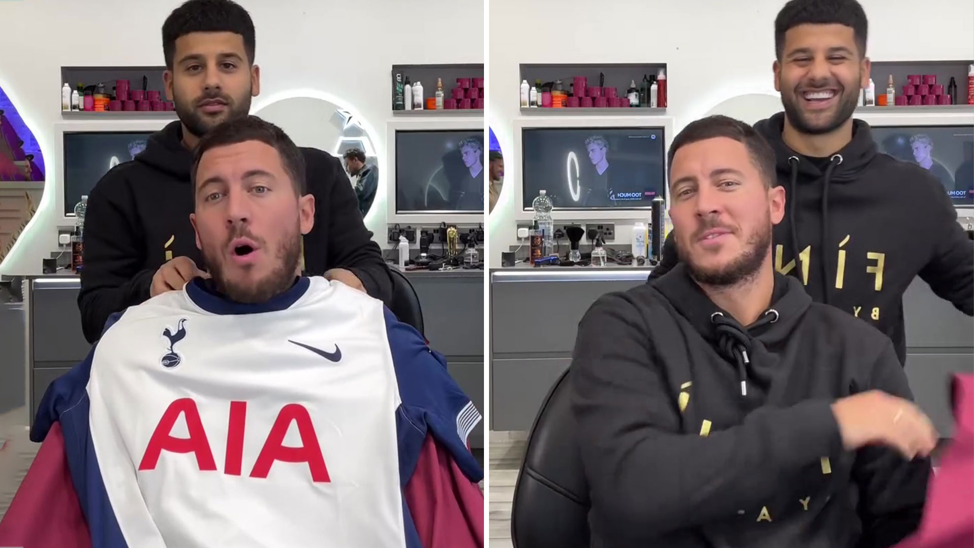 Chelsea fans LOVE Eden Hazard’s reaction as Blues legend is pranked by barber with Tottenham shirt