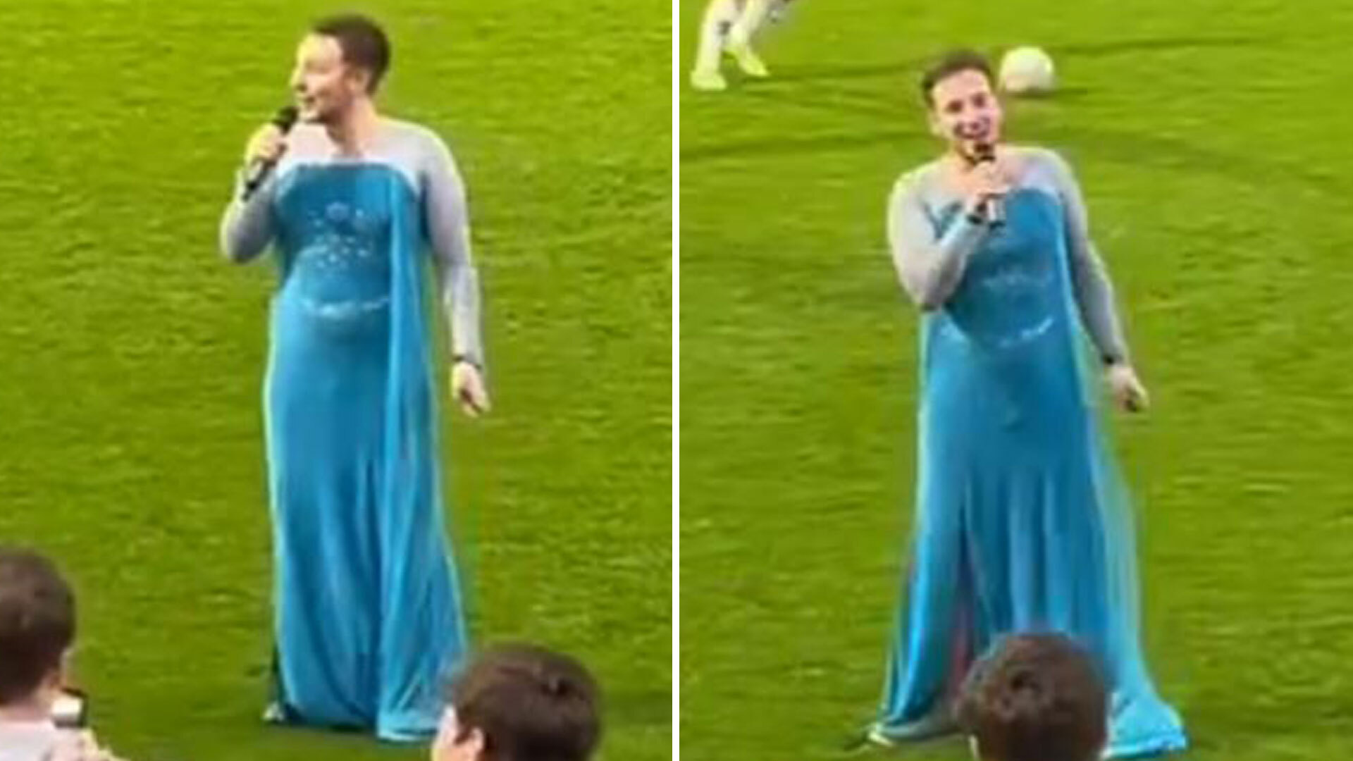 Bizarre moment man dressed as Elsa from Frozen sings Let It Go karaoke on pitch ahead of FA Cup first-round clash