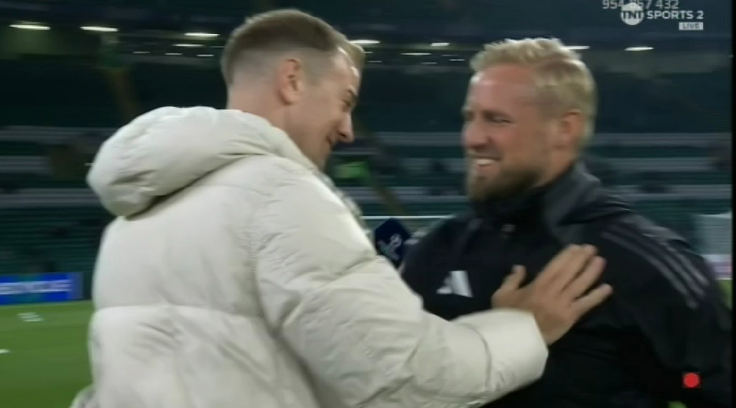 Joe Hart with Kasper Schmeichel pre-match