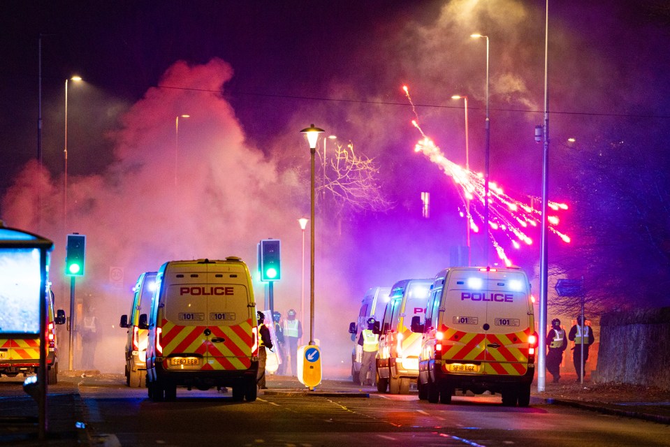 Fireworks were launched at police vehicles