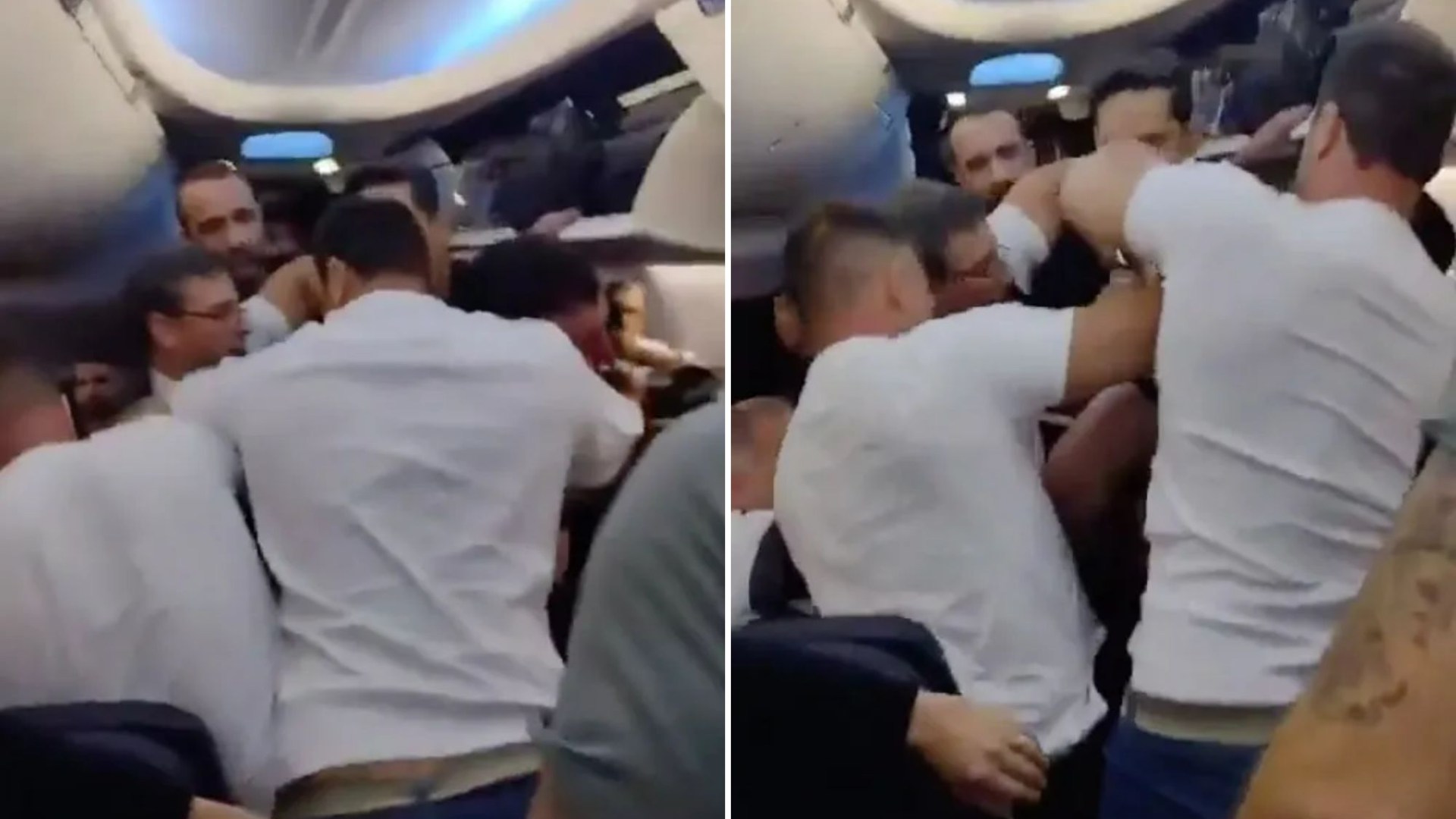 Watch moment passenger from hell is pinned down after trying to open PLANE DOOR mid-flight