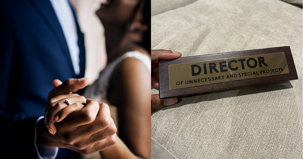 Newlywed woman receives 'Director of Unnecessary and Special Projects' plaque as first present from husband after wedding (IMAGES)