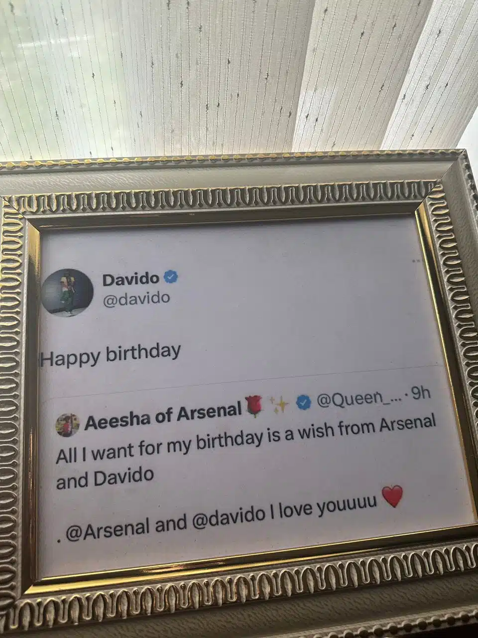 Lady frames 'tweet' as Davido makes her birthday wish come true