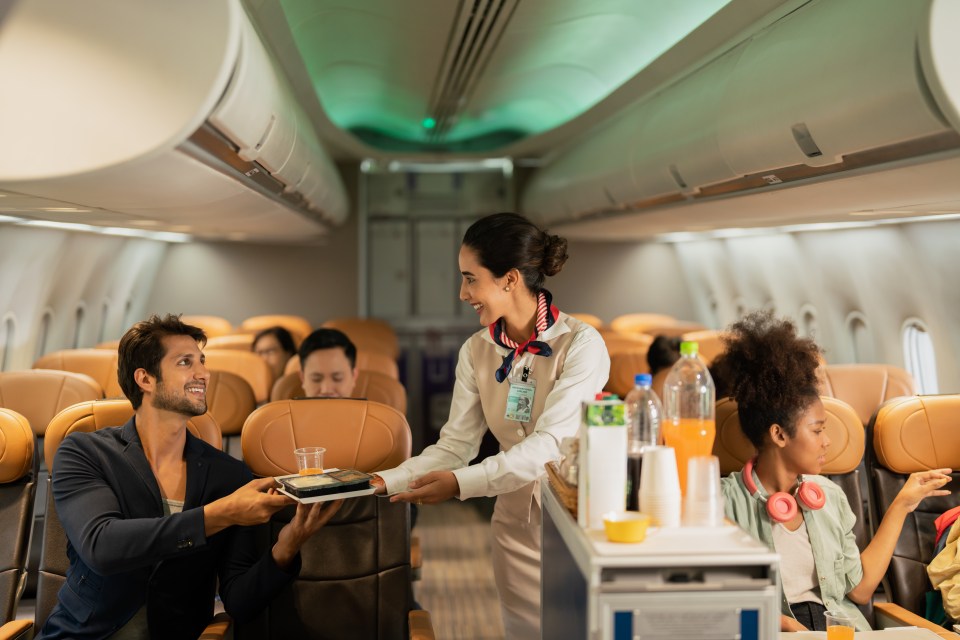 An air steward offering passengers food and drink from the cart