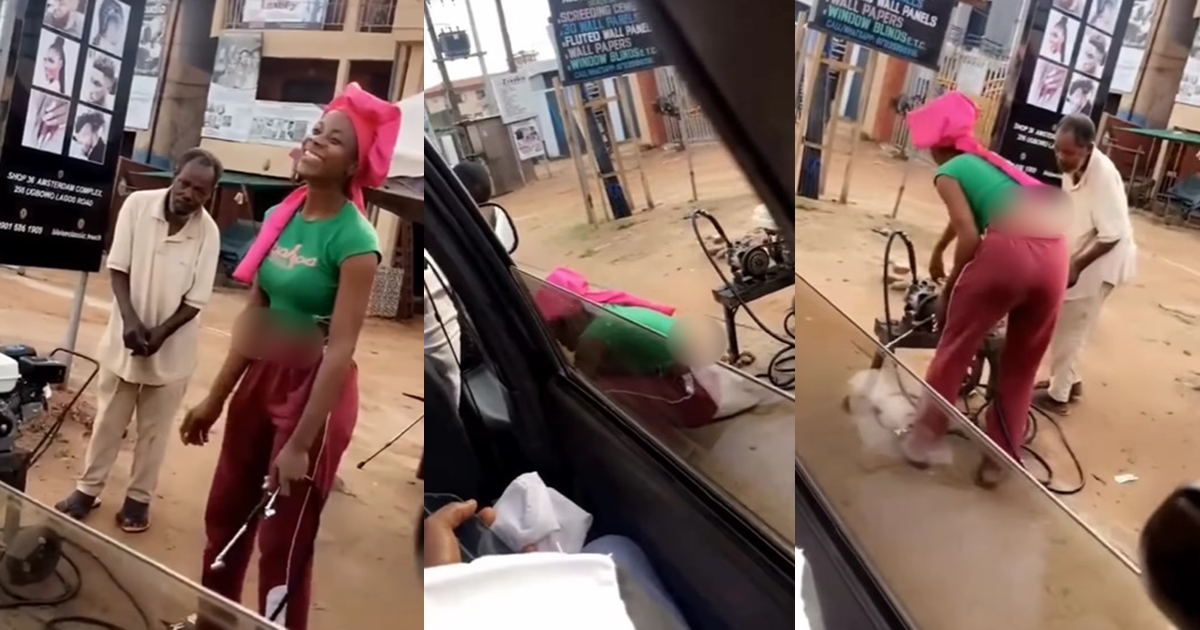 Nigerian lady mǝlts hearts as she helps aging father with vulcanizing job (WATCH)