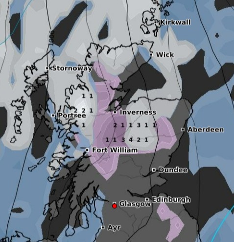 Weather maps from WXCharts show where snow is likely to fall