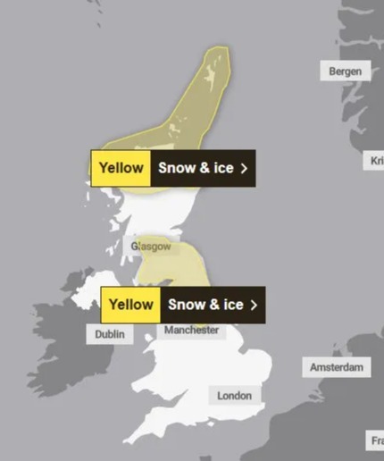 The Met Office has issued yellow weather warnings for Scotland and northern England on Monday and Tuesday