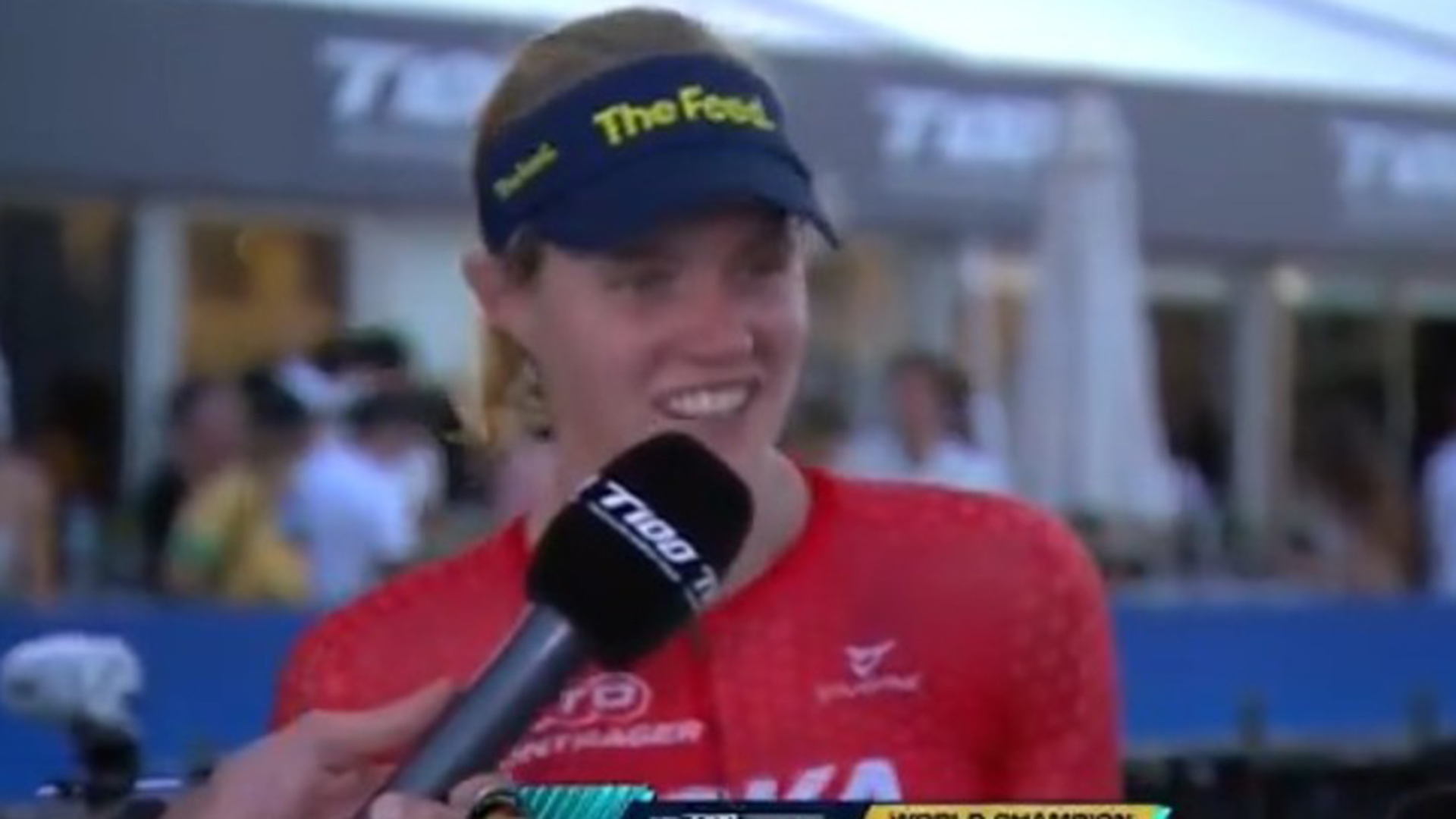 Moment Olympic triathlete Taylor Knibb tells camera 'I just s*** myself... can you not get my ass' live on TV mid-race