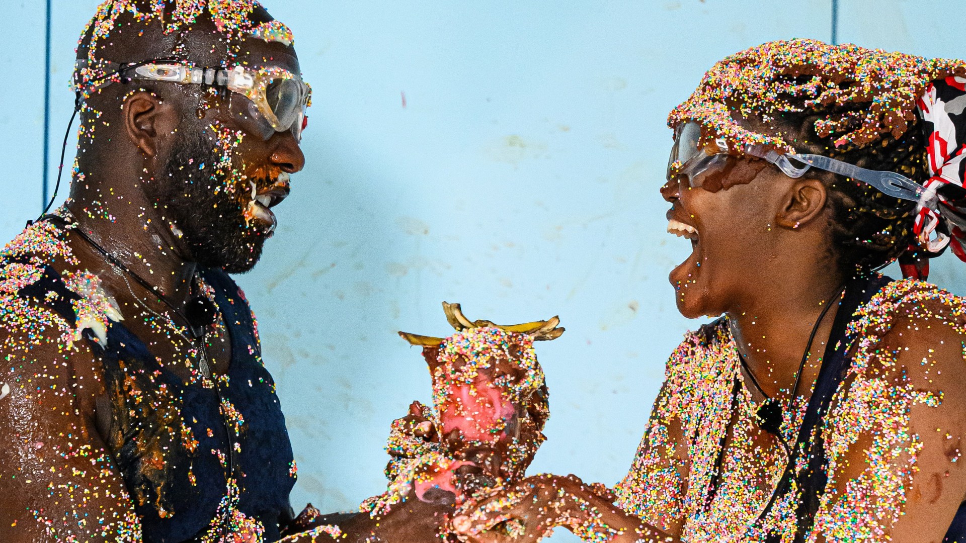 The moment I'm A Celeb's Melvin and Oti are pelted with sprinkles and gunge as they scream through mucky challenge