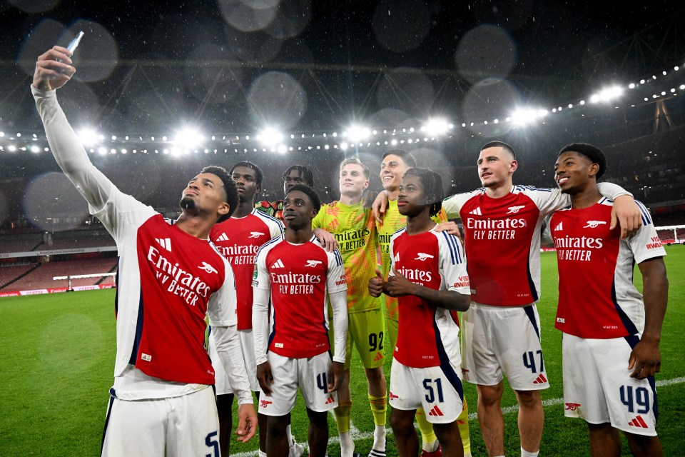 Heaven (second left) with other Arsenal academy stars after beating Bolton in the Carabao Cup