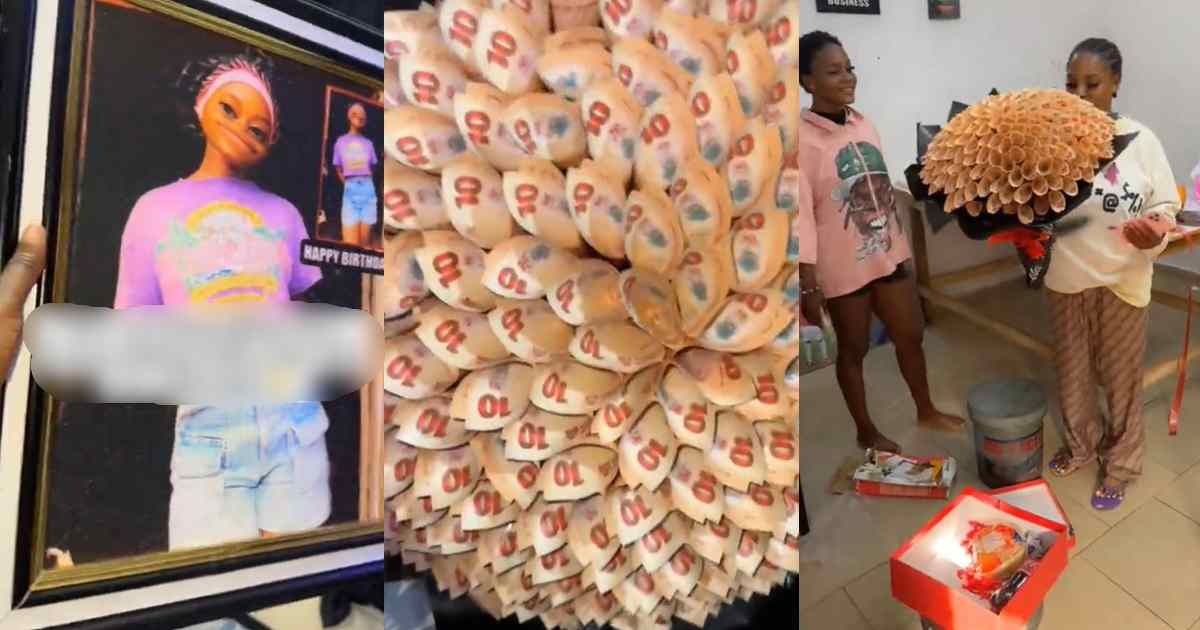 Lady gifts friend ₦10 notes bouquet and bread as creative revɘnge gift after receiving funny picture frame for her birthday (WATCH)