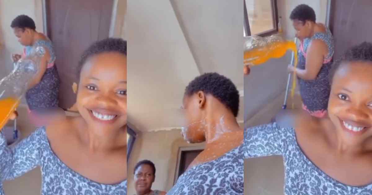 "Na inside your mouth she for put am" – Lady gets d!sciplined for soda spill prank as mother wh!ps her face with a wet mop stick (WATCH)