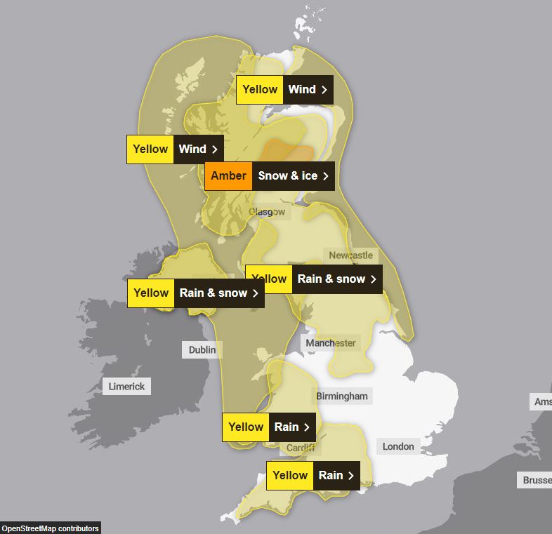 An amber warning is also issued for Saturday