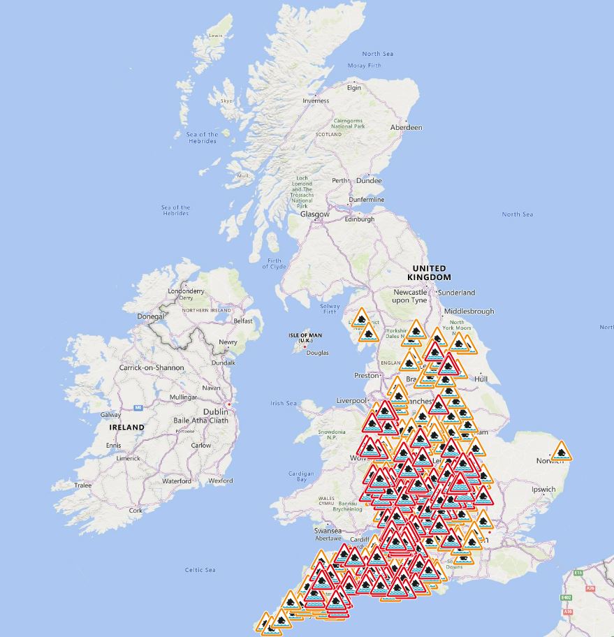 More than 160 red flood warnings are in force across the UK along with 211 amber flood alerts