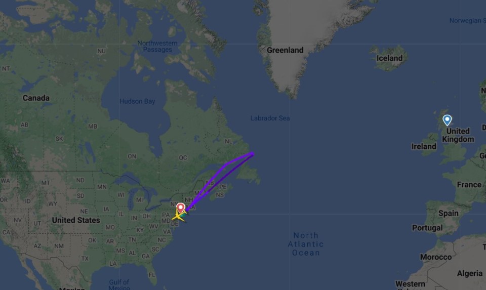 This image from Flight Radar 24 shows the path the stricken flight took, barely making it over the Atlantic Ocean before having to turn back