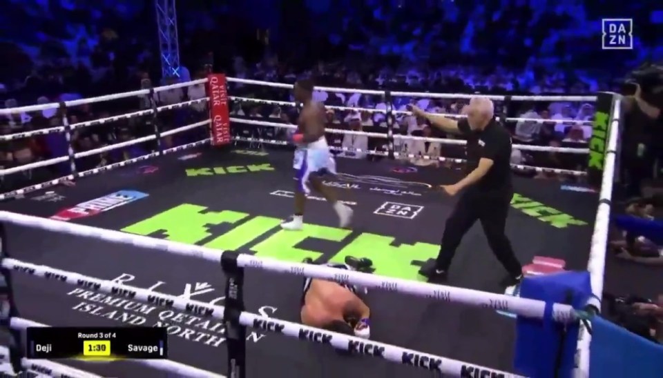 Deji whiffed on an uppercut and landed a perfect right to knock Savage to the floor