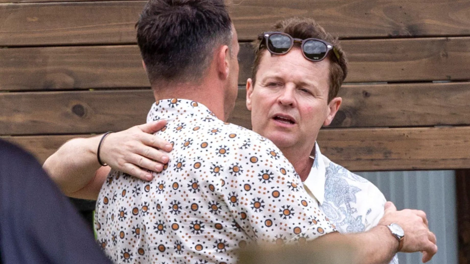 Ant and Dec hug as they meet up for lunch on break from I'm A Celebrity - with Ant's wife Anne-Marie and baby son Wilder