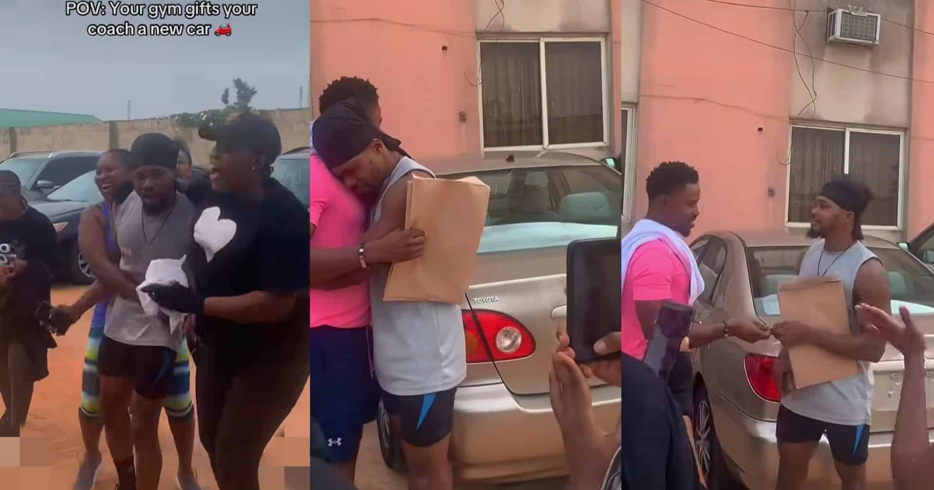 Emotional moment gym members surprise their instructor with new car