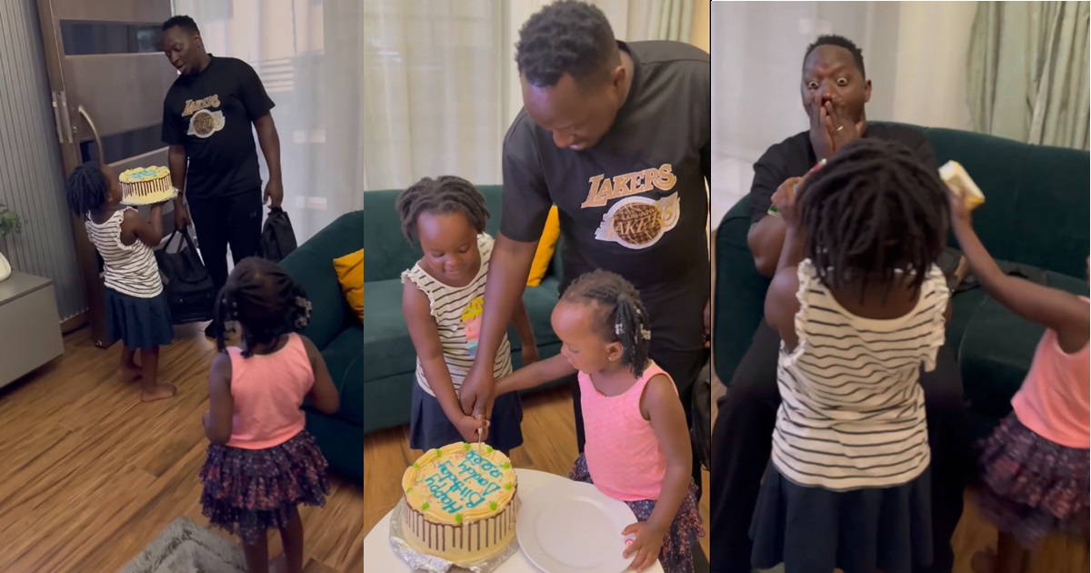 Heartwarming moment little girls welcomed their Daddy with a birthday surprise (WATCH)