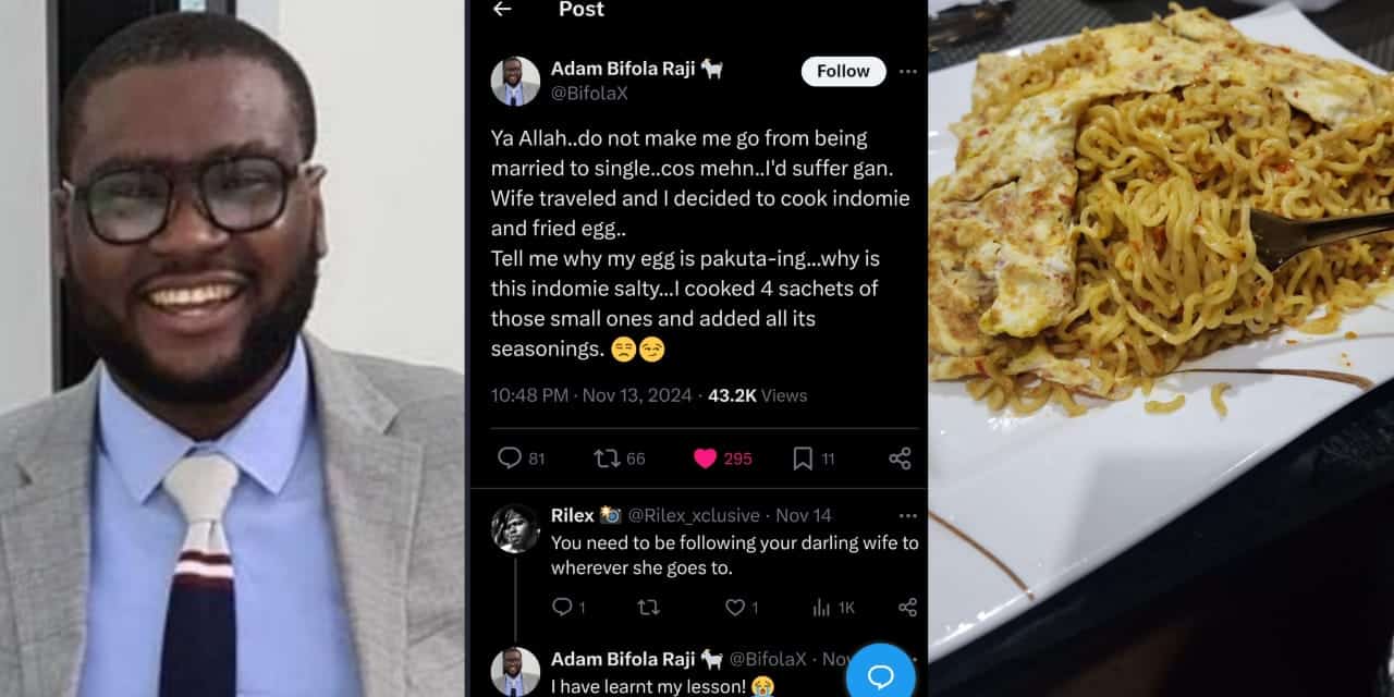 Man regrets cooking noodles by himself in wife’s absence, begs God not to make him unmarried