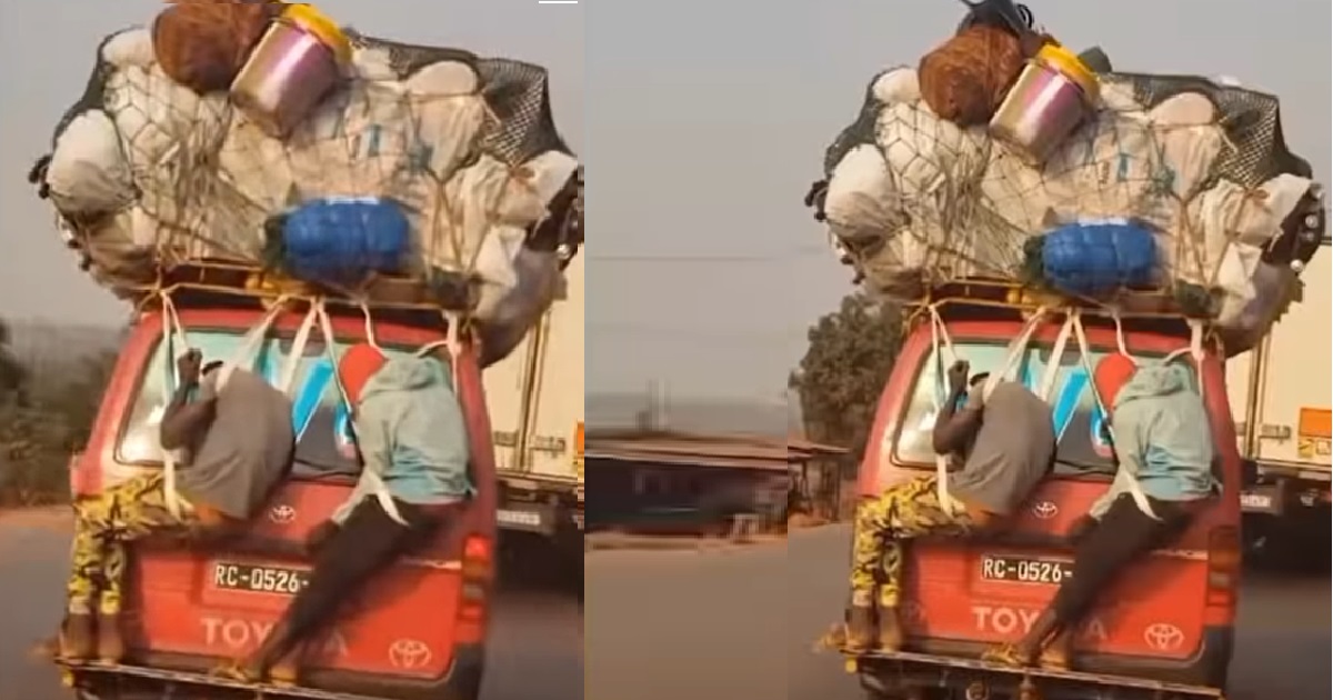 "Na like this I dey go village for Christmas" – Video of men "waybilled" to the back of a moving bus trends (WATCH)