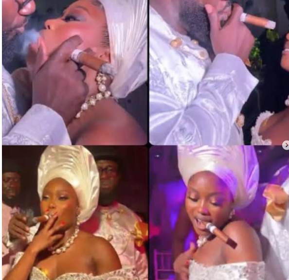 Nigerian couple get stigmatized for sharing a Cigar at their wedding (video)